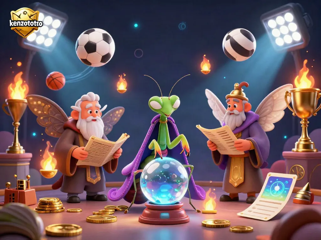 Kenzototo fortune teller and moth librarian amidst dazzling sports elements in an enchanting 3D scene.