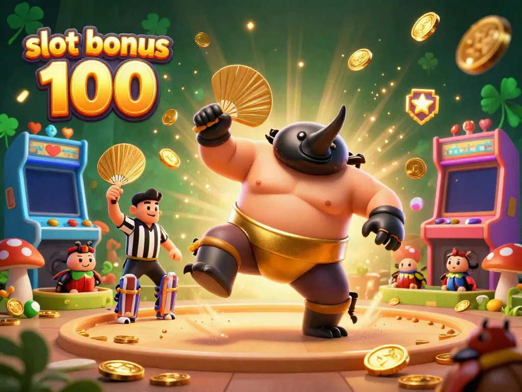 Experience thrills with slot bonus 100 as the sumo champion beetle stomps, showering gold coins in a vibrant casino scene.