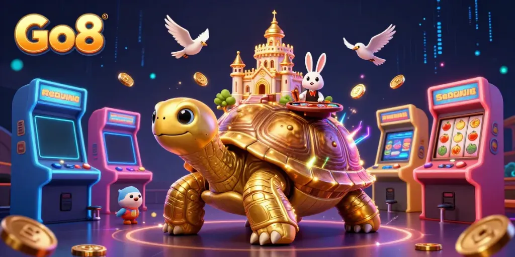 Experience exciting gameplay in Go8's vibrant casino scene with colorful arcade machines and animated characters.