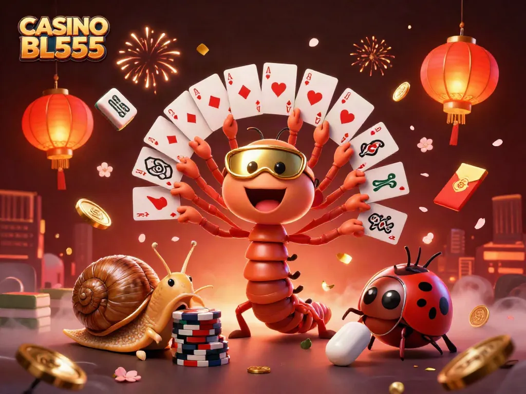Experience the excitement of CASINO BL555 with a vibrant 3D illustration featuring a cartoon millipede dealer and a snail high-roller.