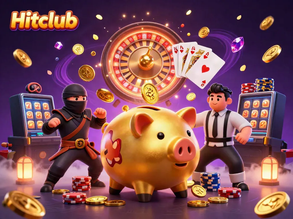 Hitclub's exhilarating gaming action featuring a golden piggy bank sumo wrestler surrounded by dazzling coins and vibrant casino elements.