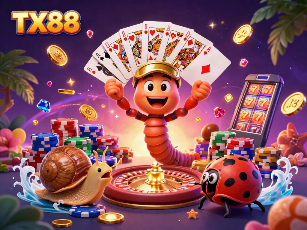 Engage with TX88's thrilling casino atmosphere featuring various gaming elements and vibrant characters.
