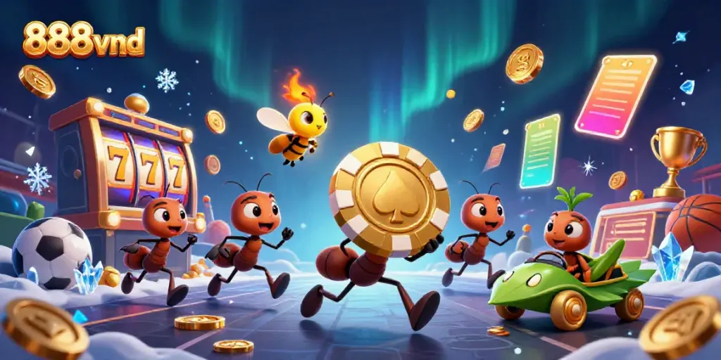 Engage with the dynamic world of 888vnd as cartoon ants execute a heist with casino treasures showcased around them.