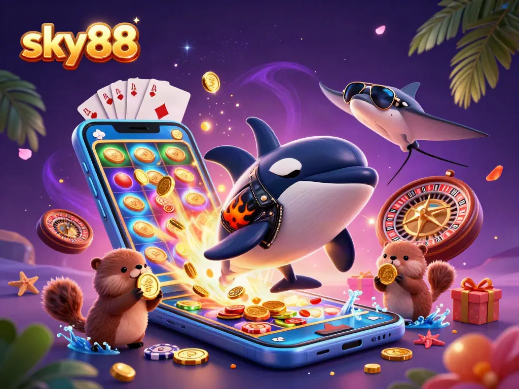 Unleash your luck with sky88, featuring vibrant 3D characters celebrating casino games in an exciting scene.