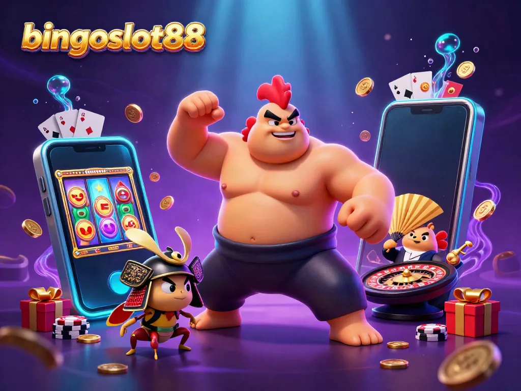Permainan bingoslot88 menunjukkan ayam sumo dan serangga bertarung dalam suasana kasino yang hidup.