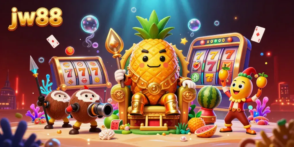Engage with JW88's vibrant casino universe featuring a pineapple king, gold treasures, and dynamic gameplay elements.