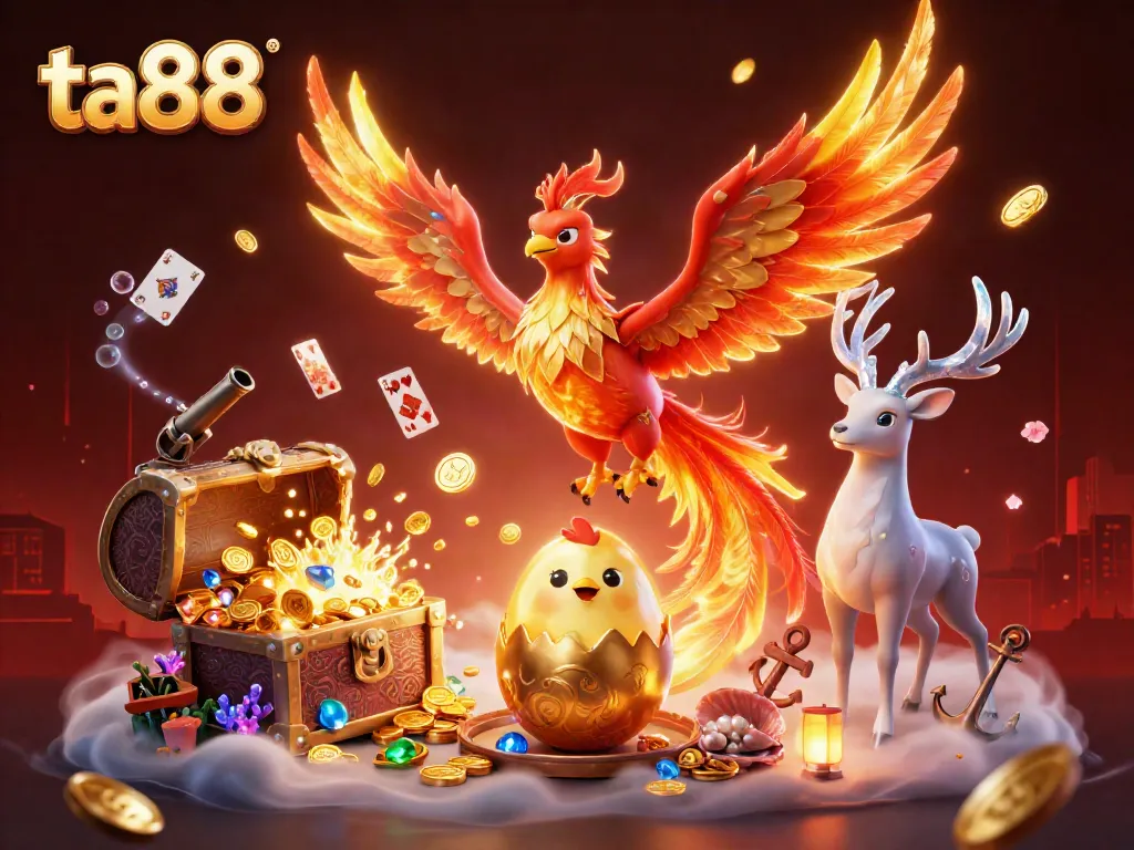 Experience ta88 with a dynamic 3D scene featuring a soaring phoenix and treasures, perfect for gamers.