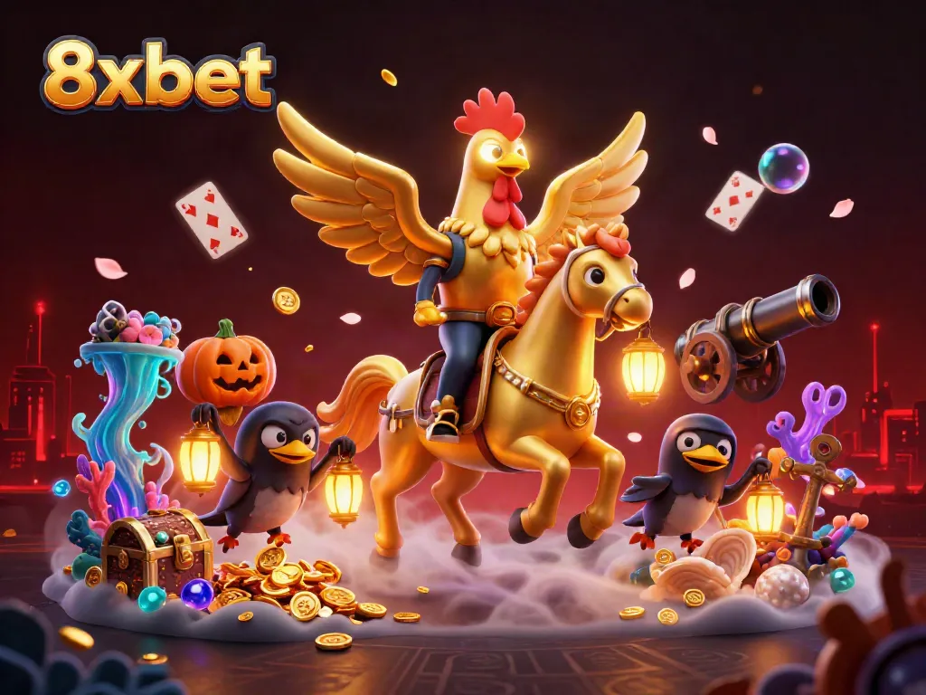 Experience thrilling action at 8xbet with a golden rooster immersed in a vibrant casino scene.