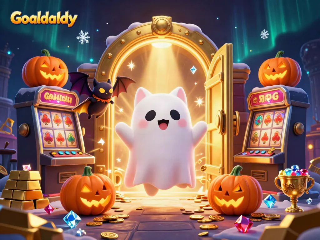 Experience thrilling gameplay with Goaldaddy's lively casino scene featuring characters and sparkling treasures.
