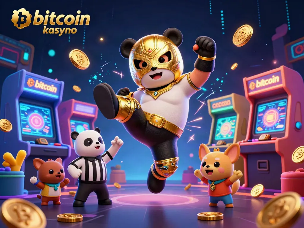 Experience thrilling action in the bitcoin kasyno with a panda wrestler and lively animal fans cheering among glowing gaming machines.