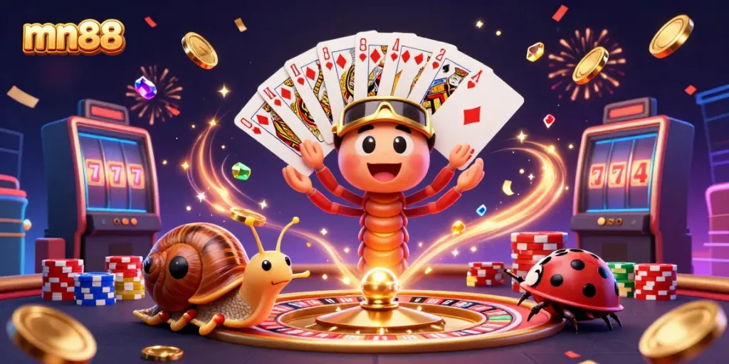 Experience vibrant gaming excitement with mn88 as animated characters celebrate winning hands.