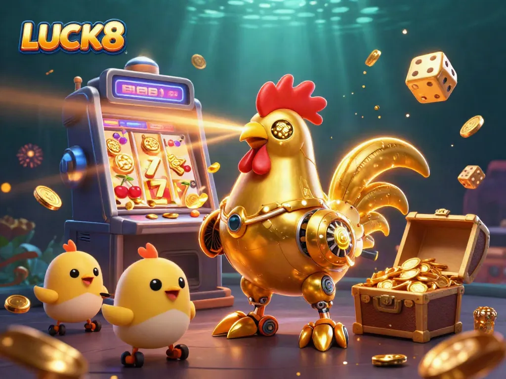 Experience the thrilling LUCK8 casino world with a golden rooster robot and baby chick drones.