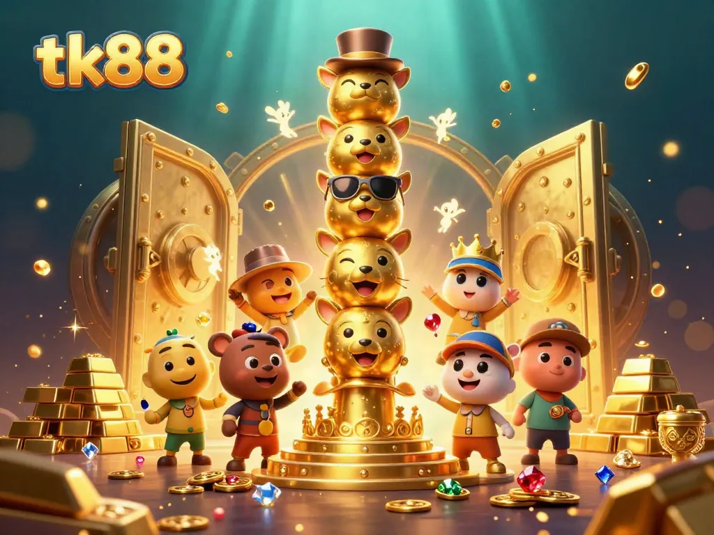 tk88 showcases a golden totem pole amidst treasure, reflecting online casino excitement.