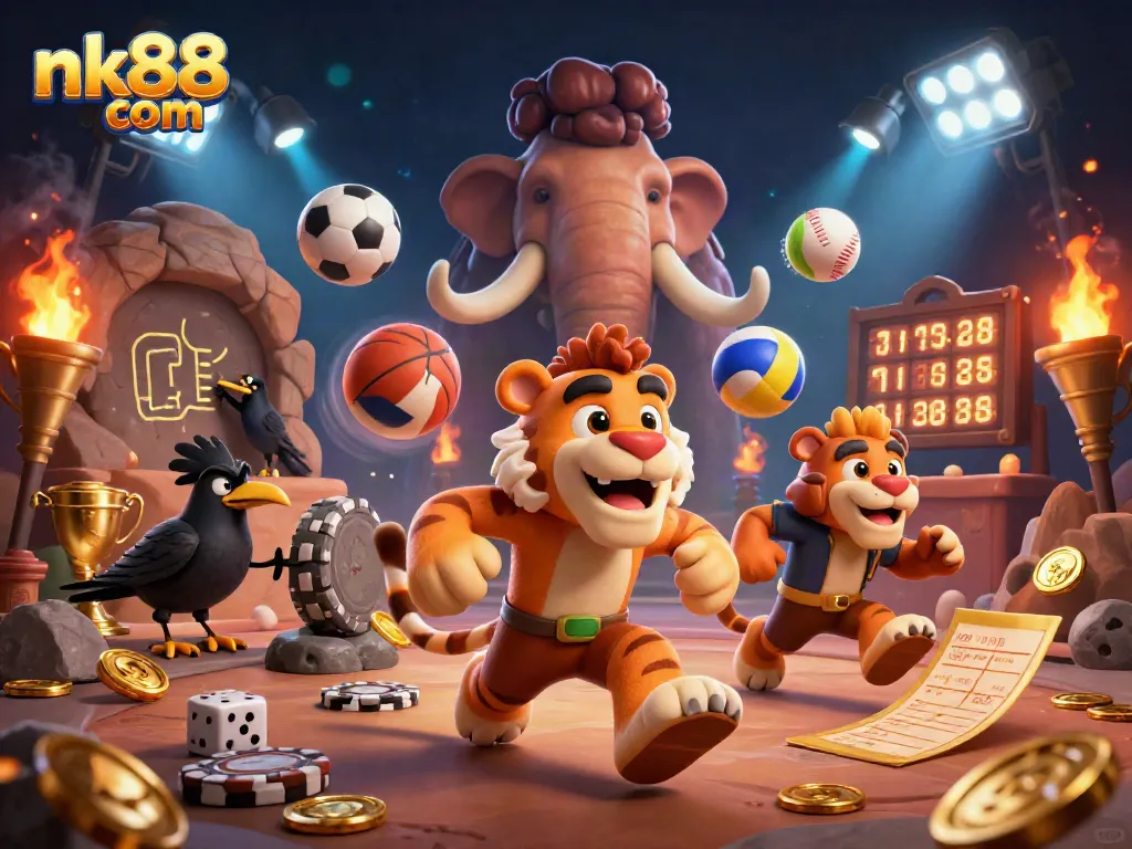 Engage in thrilling gameplay with nk88 com at a dynamic prehistoric casino featuring sports balls and colorful elements.