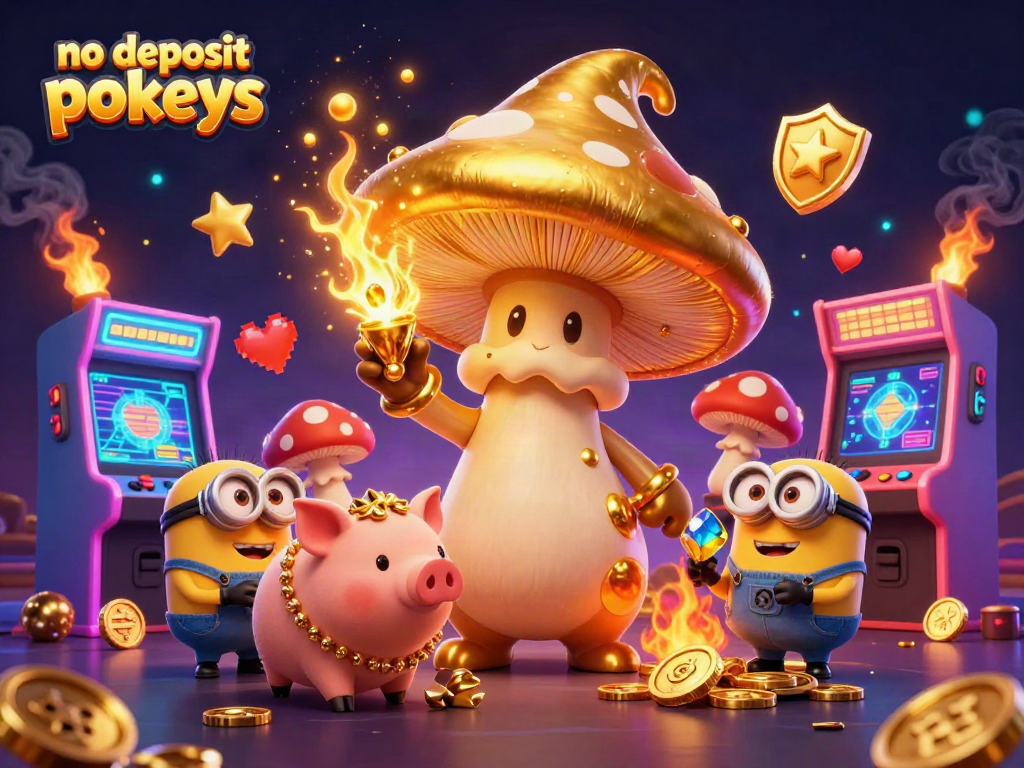 No deposit pokies illustration showcasing a magical scene with a golden mushroom wizard and treasure hunting elements.