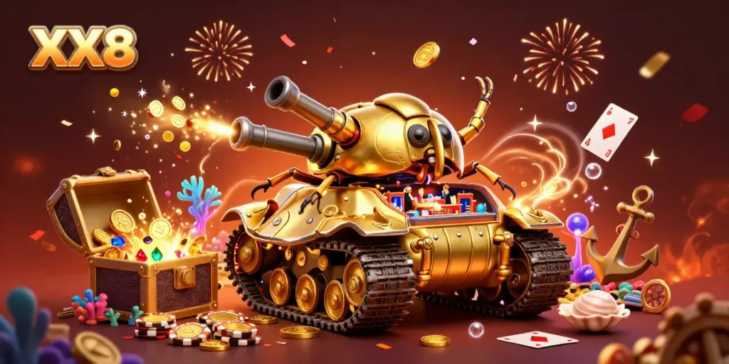 Engage with the enchanting world of XX8's online casino, featuring a golden beetle tank revealing a quirky casino scene.