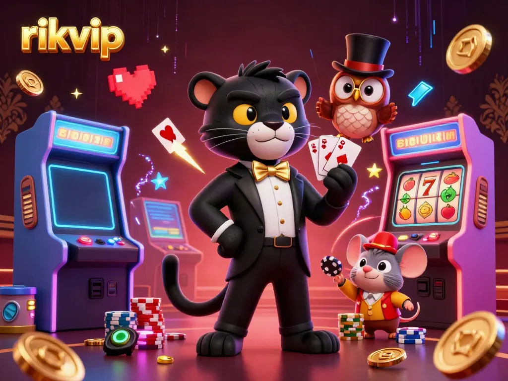 Players enjoying an exciting gaming experience at rikvip with vibrant casino elements and charming characters.