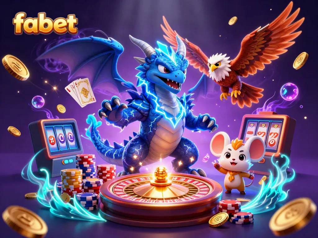 Experience fabet gaming excitement with a dynamic illustration of unique characters, vibrant casino elements, and energetic visuals