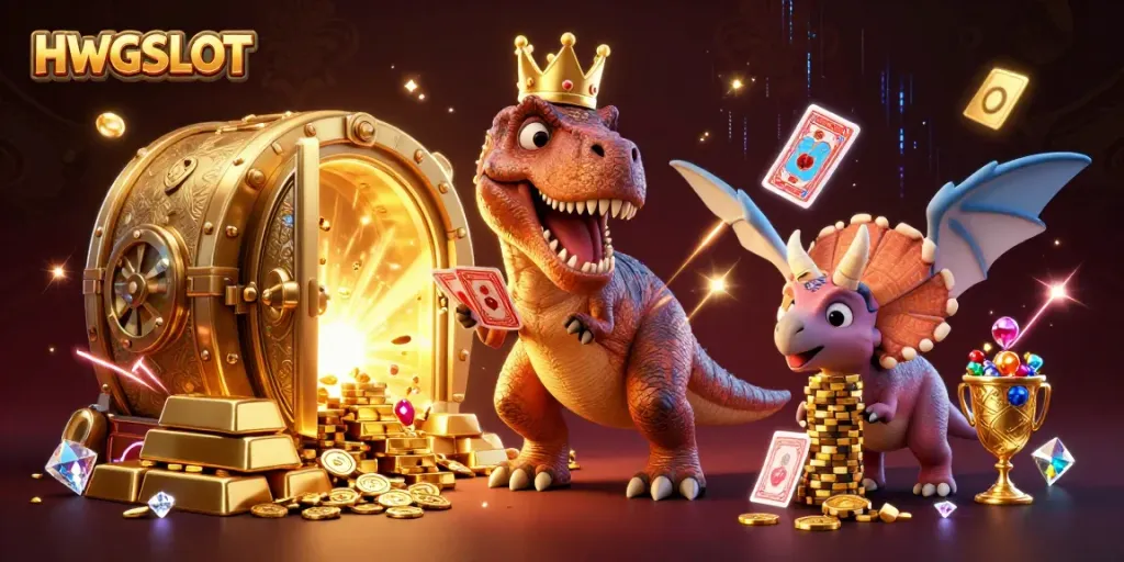 Join the fun with HWGSLOT as a friendly dinosaur shuffles cards surrounded by gold and gems.