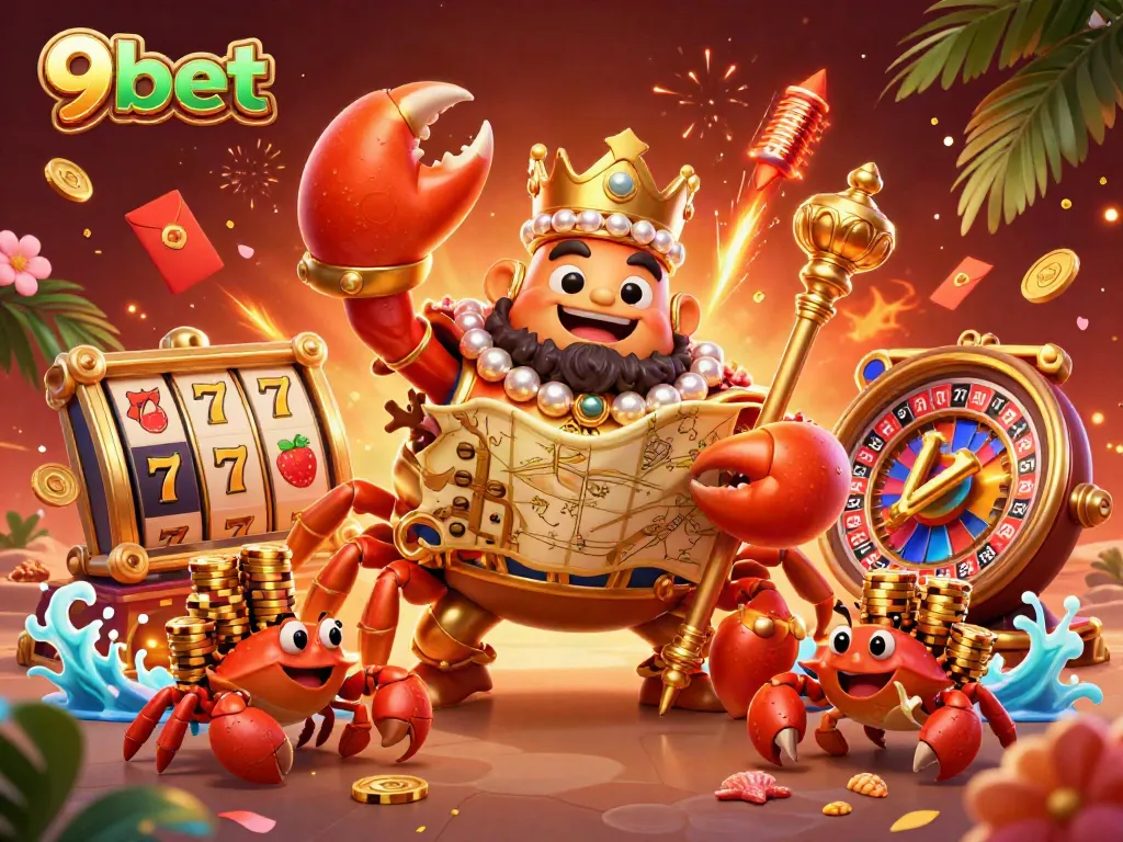 Experience thrilling wins at 9bet with a dynamic 3D scene showcasing a golden crab holding gaming treasures and fortune.