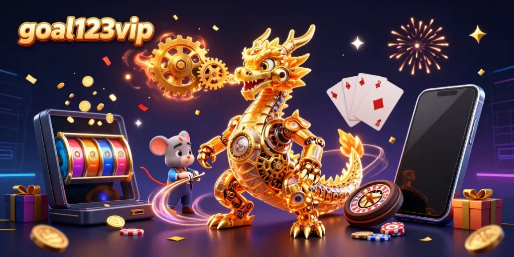 Experience thrilling gaming with goal123vip - a vibrant illustration of a dragon and casino elements.