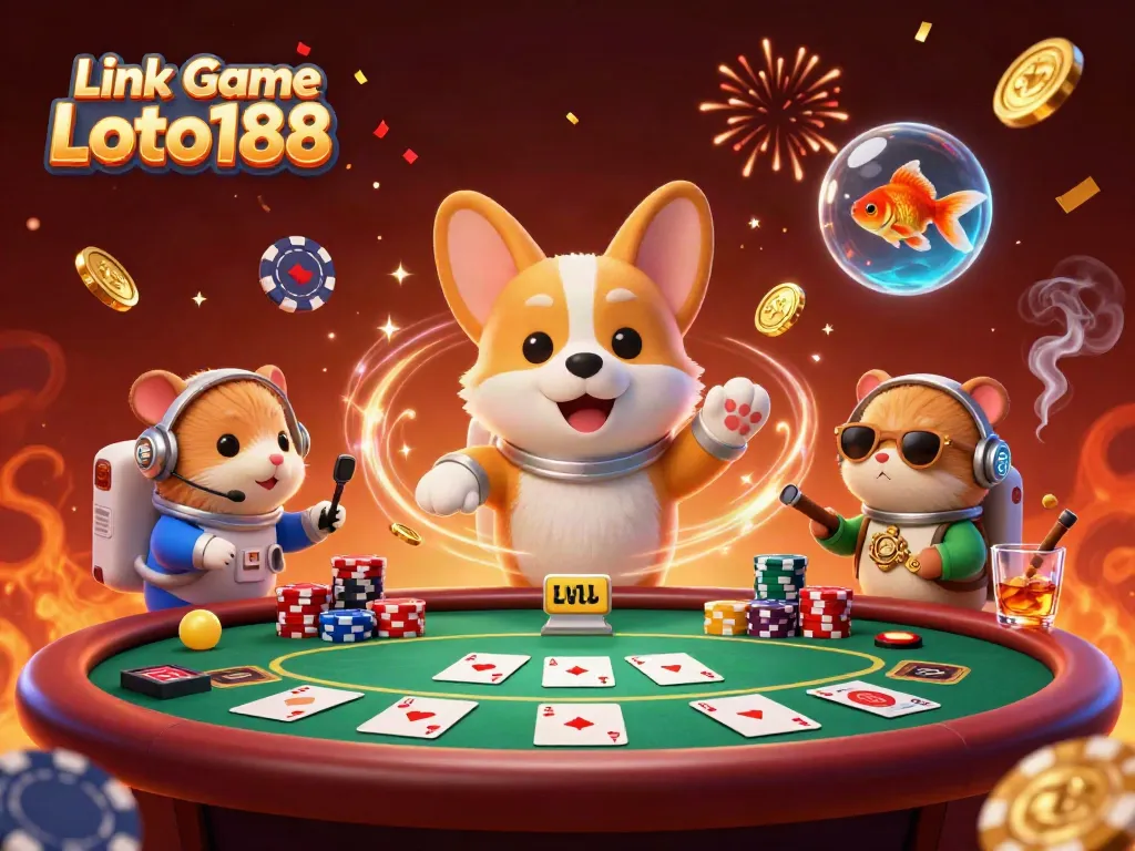 Experience the excitement of Link Game Loto188 with a 3D casino space scene featuring playful characters.