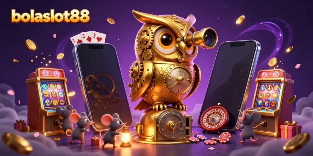 Experience the thrill of bolaslot88 with a lively, illustrated casino scene featuring a golden owl, slot machines, and vibrant game elements.