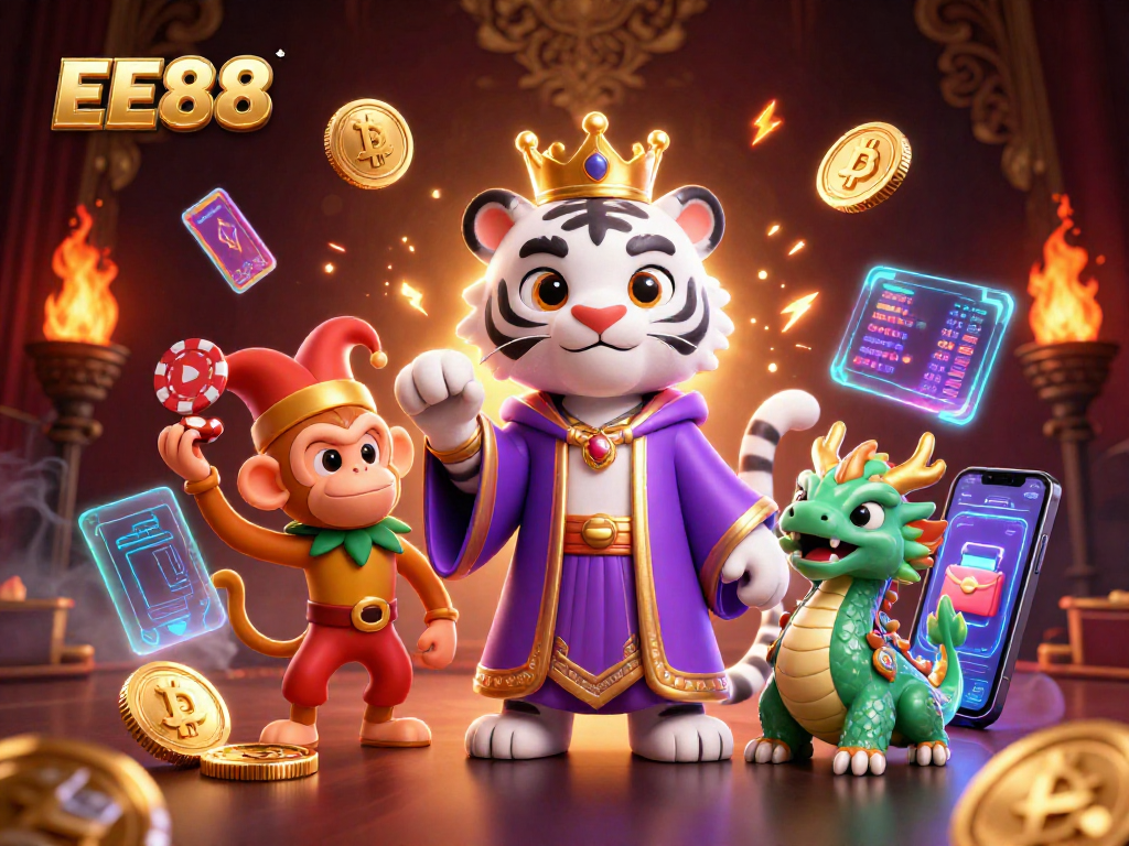 Engage with EE88’s vibrant crypto casino scene featuring a royal tiger, monkey juggler, and jade dragon statue.