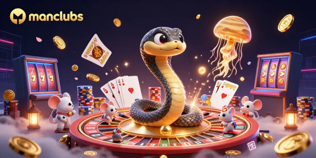 Engage in thrilling bets with manclubs in a cosmic casino filled with a roulette wheel and vibrant elements.