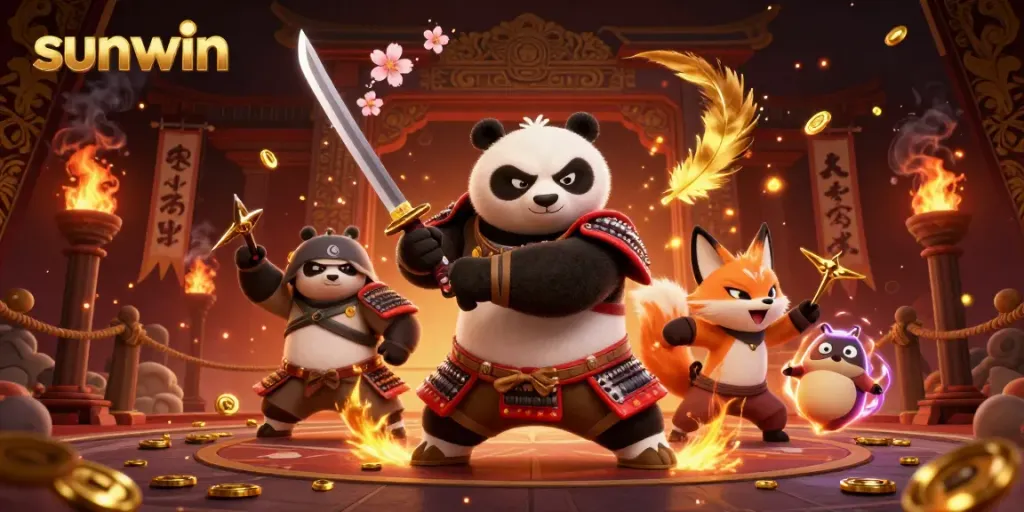 Engage in thrilling gameplay at sunwin with a 3D cartoon illustration showcasing fierce characters and vibrant casino elements.