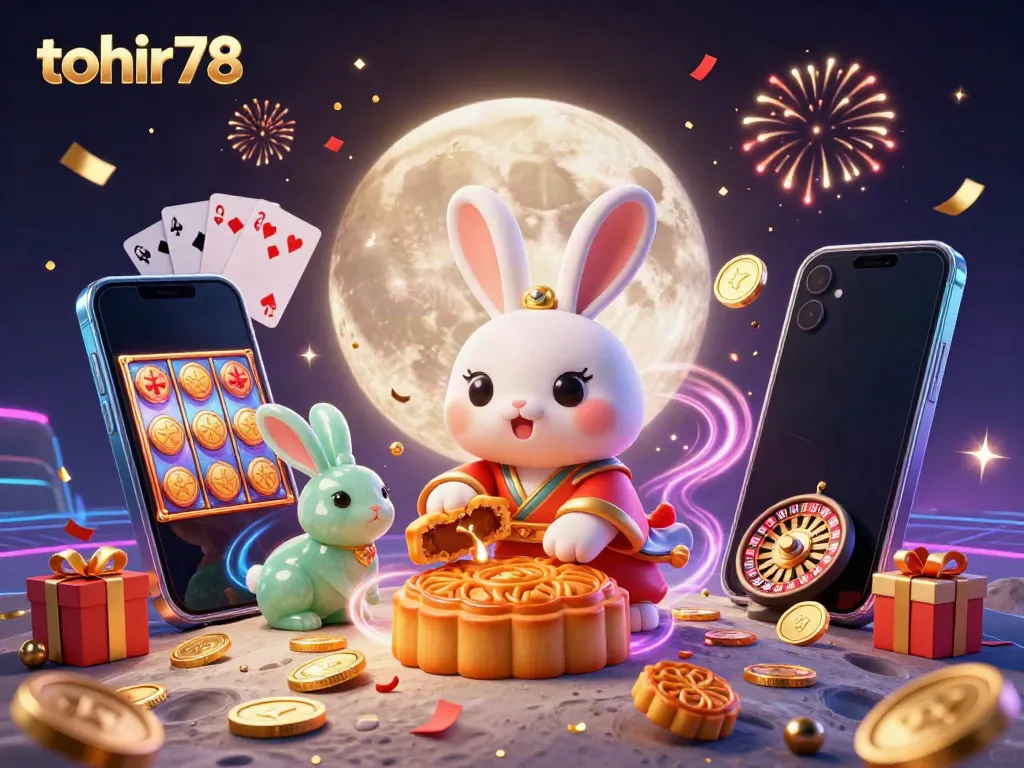 Engage in thrilling gameplay with tohir78 as the moon rabbit celebrates with poker chips and slot games.