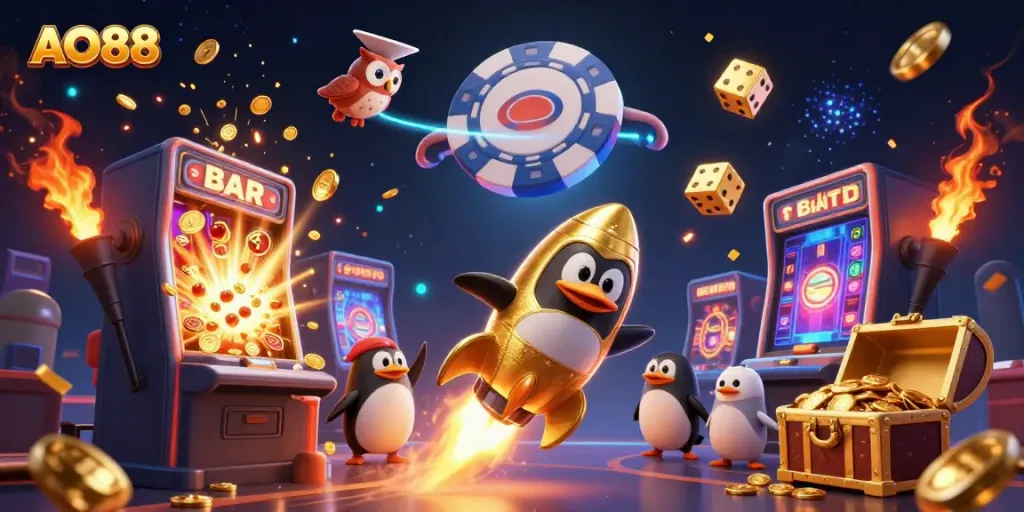 Experience the thrill of AO88 with a golden penguin in space toward a casino shaped like a poker chip.