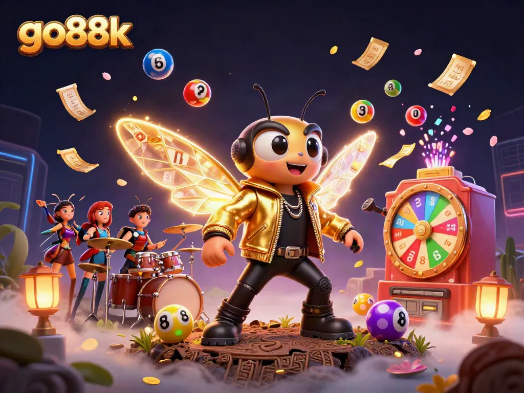 Engage with the vibrant go88k casino scene featuring a cicada rock star and dynamic lottery elements.
