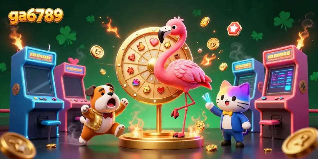 Experience excitement with ga6789 as a flamingo host spins a prize wheel amidst vibrant casino elements.
