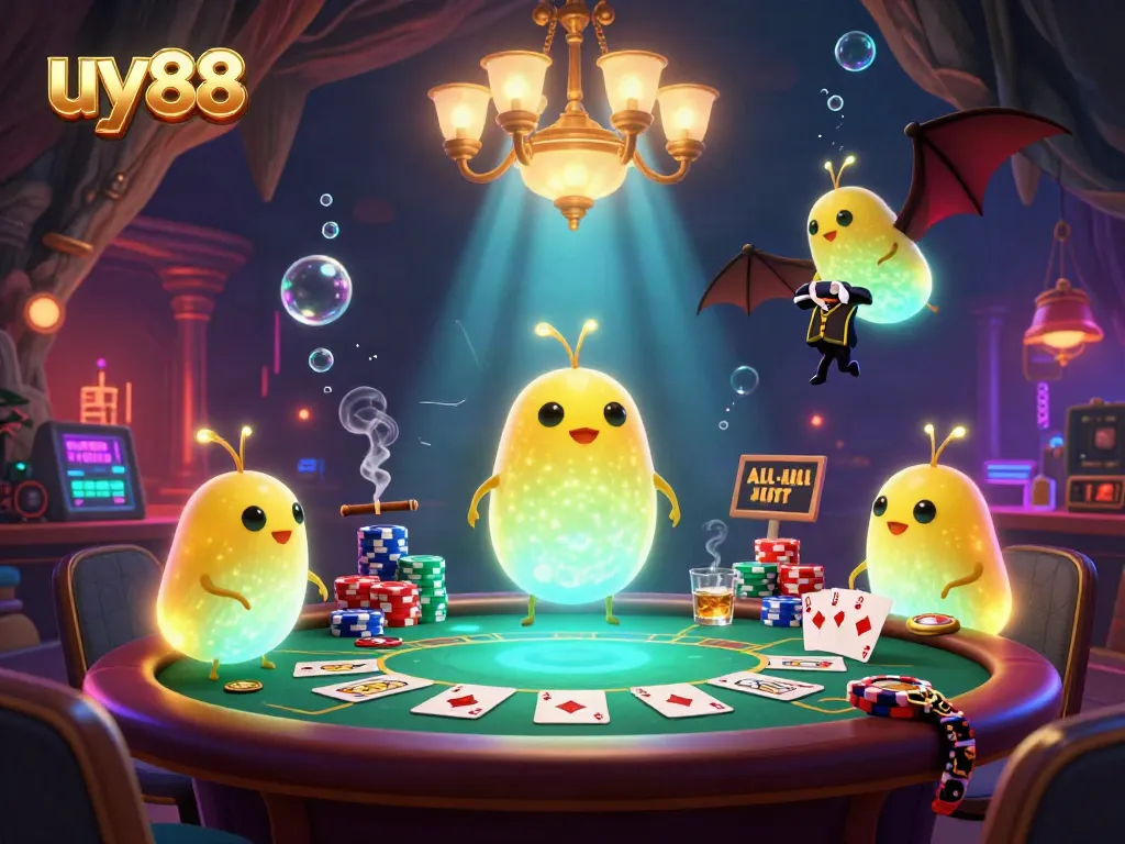 Experience the thrill of uy88 in a vibrant cave casino filled with colorful poker elements and a cartoon bat dealer.