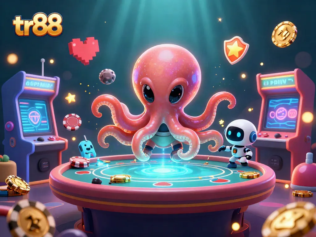 Join the thrilling action at tr88 with an alien octopus playing poker amidst dazzling game visuals.