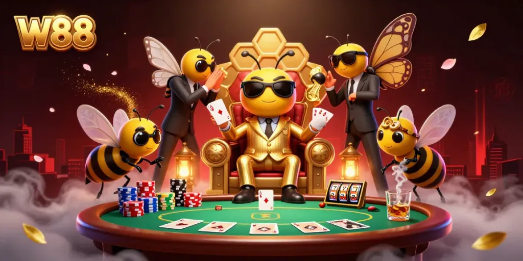 Experience thrilling gaming at W88 with a vibrant scene of a bumblebee mob boss amidst poker and slot elements.