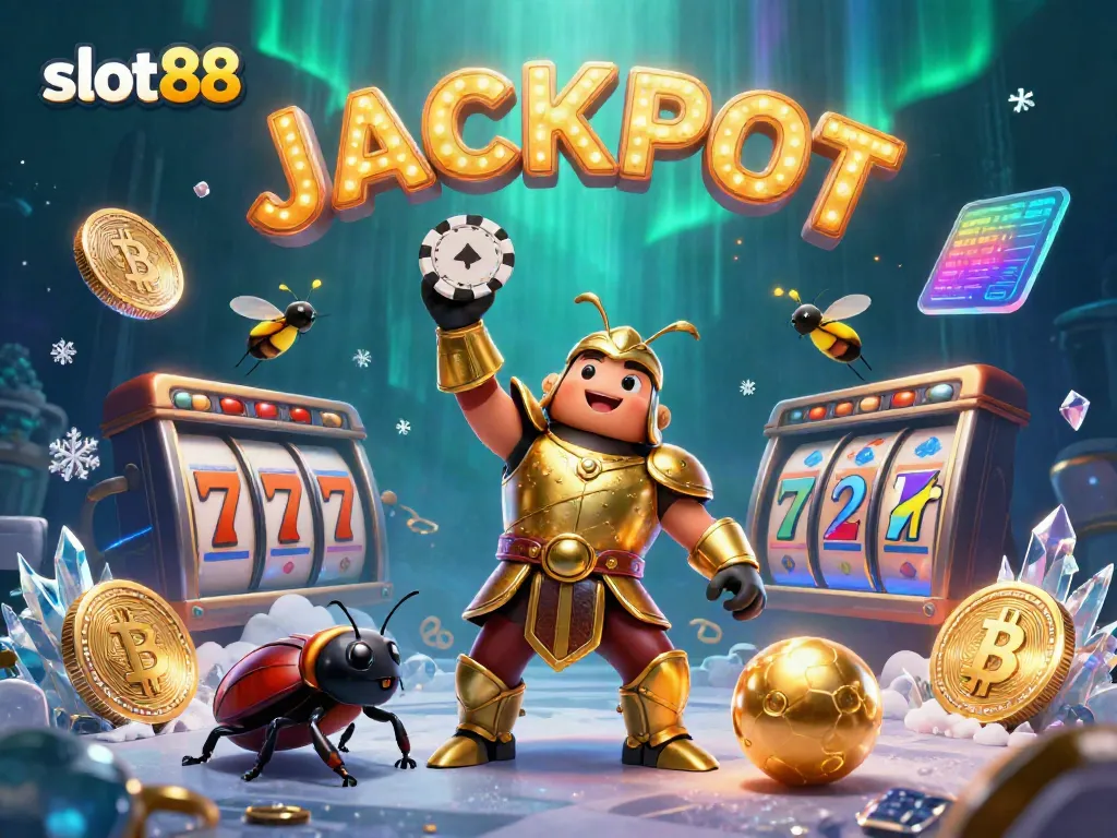 Experience slot88 excitement with a hercules beetle and jackpot elements in a vibrant casino scene.