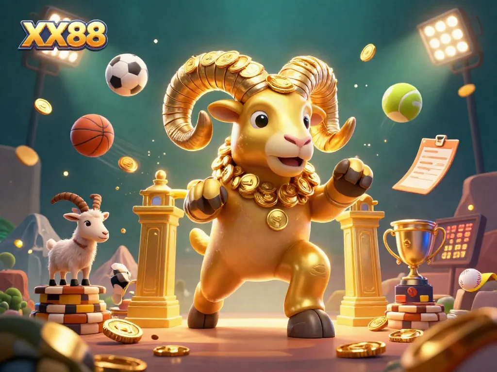 Engage with XX88's dynamic gaming scene featuring a cartoon golden ram and sports elements.