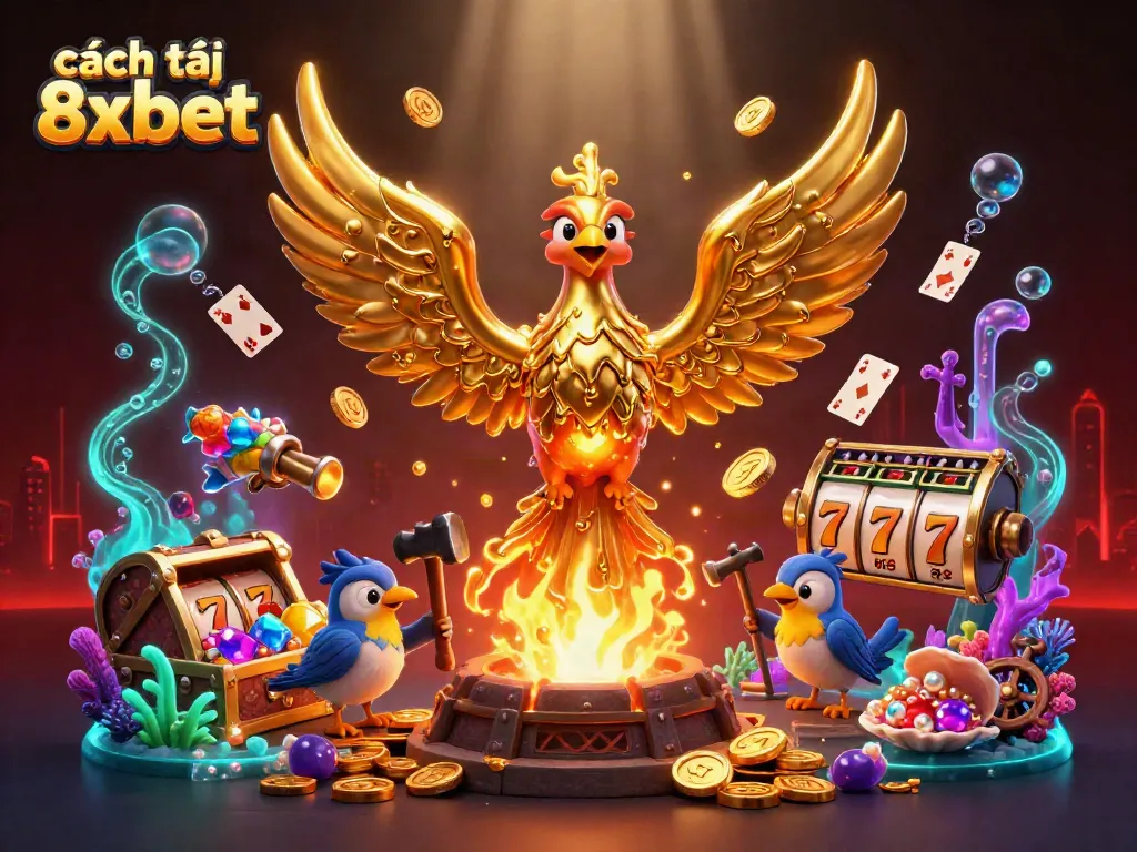 Experience cách tải 8xbet through an ultra-detailed 3D illustration showcasing a golden phoenix, slot reels, and vibrant underwater treasures.