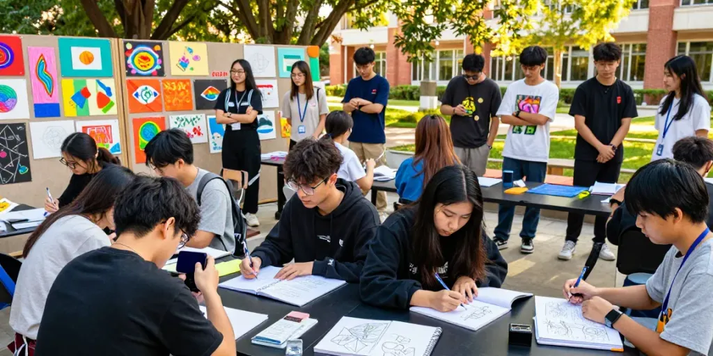 Students collaborating in creative projects at SUPER33 x CampusUnMasked event, showcasing vibrant artistic expressions.