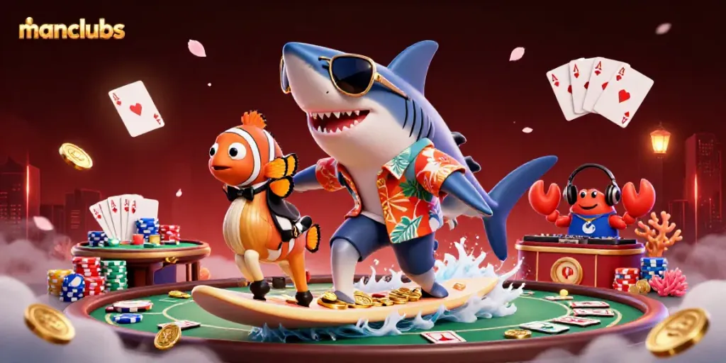Experience thrilling action at manclubs with our dynamic casino illustration featuring a shark surfing on gold coins.