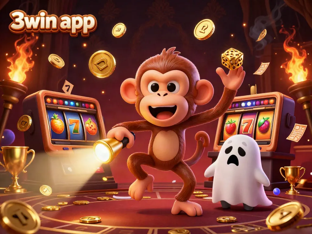 Engage with the 3win app while spotting a mischievous monkey juggling coins in a vibrant casino scene.