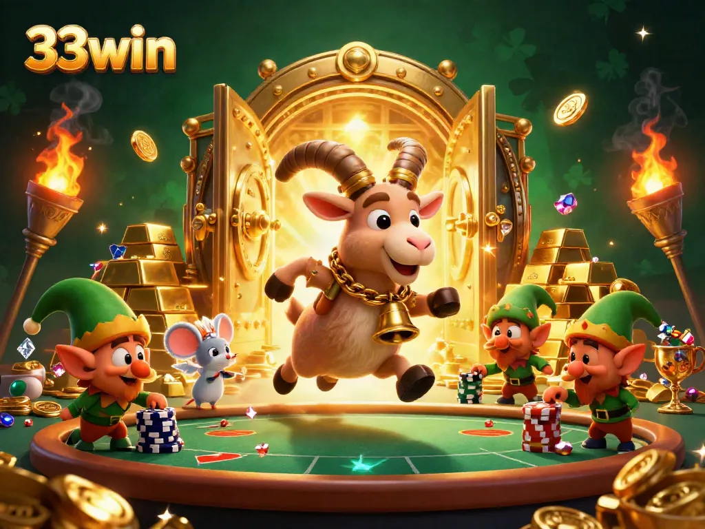 Experience the excitement of 33win with festive characters and golden treasures in a vibrant casino scene.
