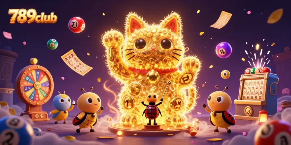 Engage with the 789club experience, featuring a dynamic lucky cat illustration and vibrant casino elements.