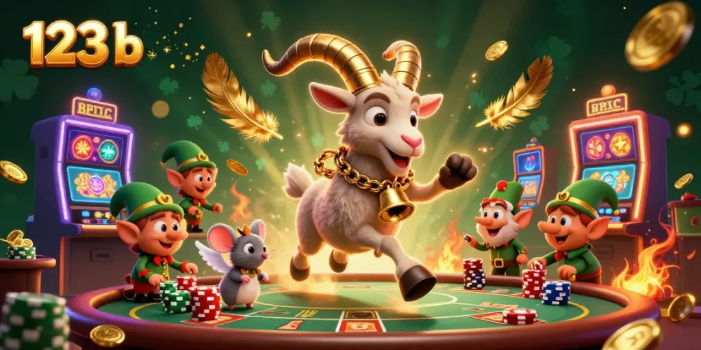 Engage with the thrilling casino atmosphere at 123 b featuring festive characters and vibrant game elements.