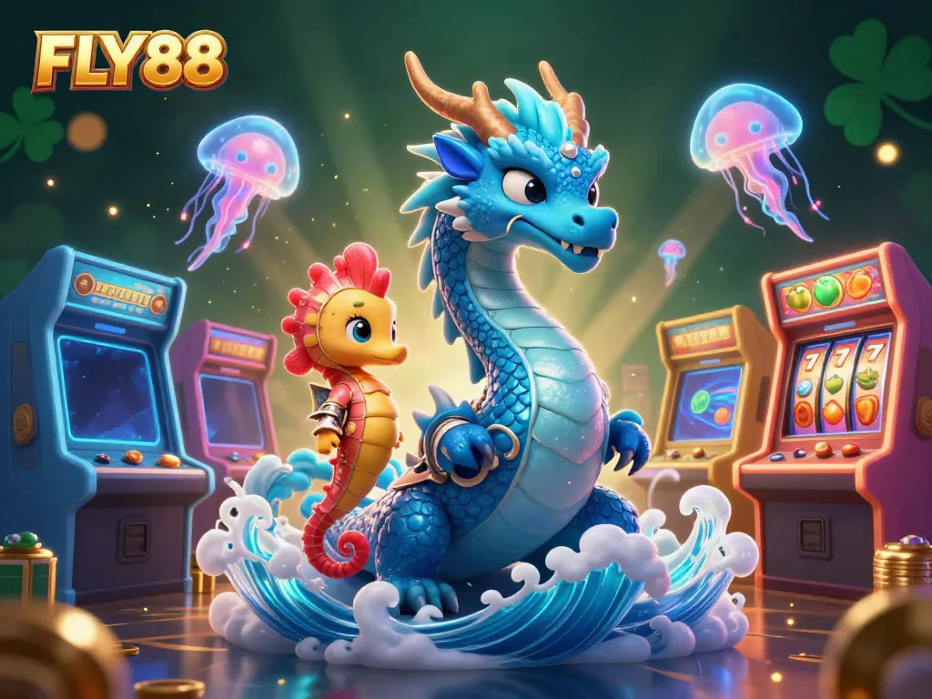 FLY88 captivating 3D scene of a water dragon and seahorse knight amid vibrant casino game elements.