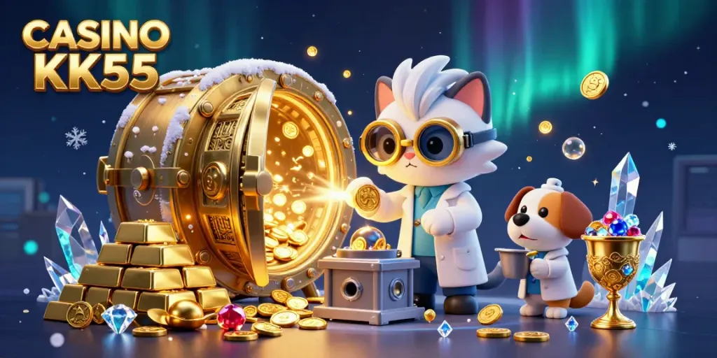 Experience the thrilling CASINO KK55 with a vibrant illustration of a mad scientist cat and his assistant amid treasure and gold.