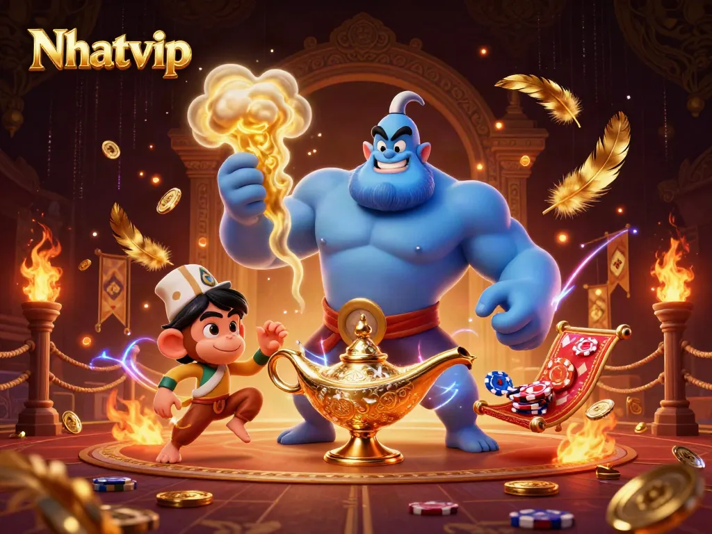 Nhatvip showcases thrilling gaming with vibrant animated elements like a genie and poker chips.