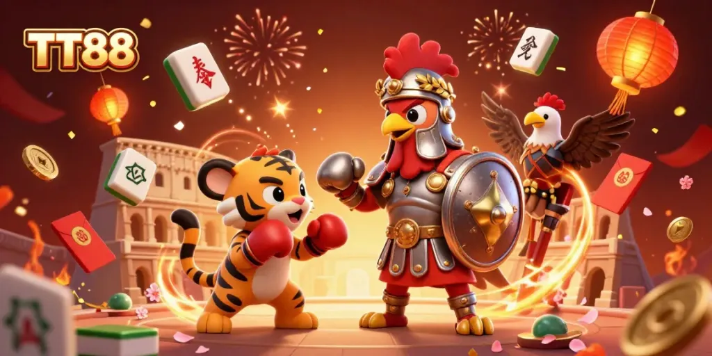 Experience the thrill of TT88 with a vibrant, festive scene showcasing animated characters in a casino-themed arena.